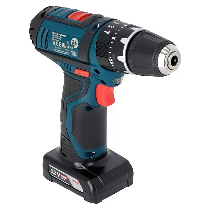 Bosch Professional Taladro atornillador percutor de batería GSB 12V-15 - 12 V, 2 baterías, 2 Ah - 4 Ah, 30 Nm, 2 baterías + cargador + juego de puntas de 25 piezas/juego de brocas de 14 piezas + bolsa - Un taladro inalámbrico Bosch 12V azul y negro con gatillo rojo y batería.