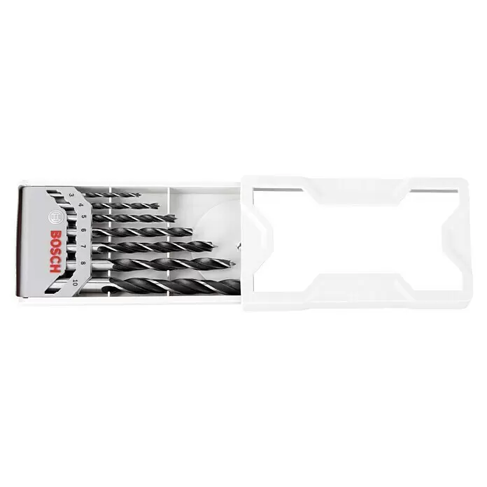 Bosch Professional Taladro atornillador percutor de batería GSB 12V-15 - 12 V, 2 baterías, 2 Ah - 4 Ah, 30 Nm, 2 baterías + cargador + juego de puntas de 25 piezas/juego de brocas de 14 piezas + bolsa - Juego de brocas Bosch con brocas negras y plateadas en estuche blanco, mostrando tamaños 3 a 10.