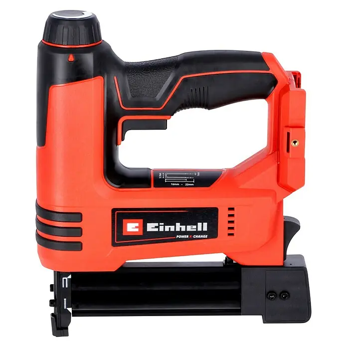 Einhell PXC 18V Clavadora de batería TE-CN 18 Li - Solo - 18 V, Sin batería, Longitud del clavo: 15 mm - 32 mm, Ancho del soporte: 5,7 mm, Grosor del clavo: 1 mm - Una grapadora inalámbrica roja Einhell con mango y cargador negros. Ideal para tapicería y fijación en proyectos de bricolaje.