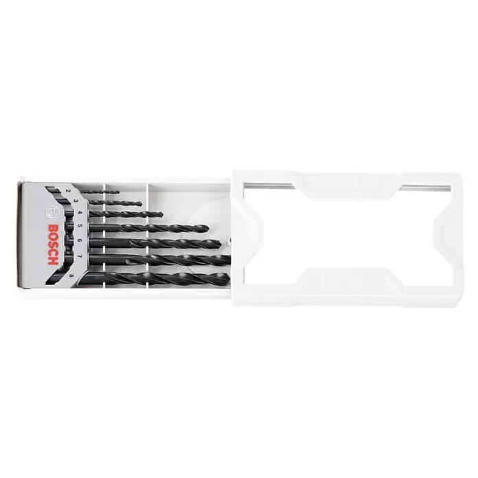 Bosch Professional Taladro atornillador percutor de batería GSB 12V-15 - 12 V, 2 baterías, 2 Ah - 4 Ah, 30 Nm, 2 baterías + cargador + juego de puntas de 25 piezas/juego de brocas de 14 piezas + bolsa - Juego de brocas Bosch con brocas espirales negras de varios tamaños, organizadas en un soporte de plástico gris y blanco.