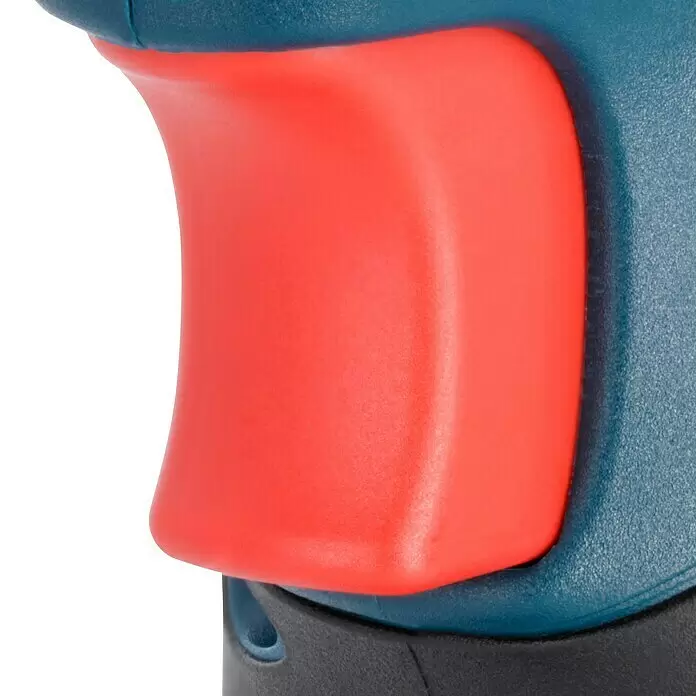 Bosch Professional Taladro atornillador percutor de batería GSB 12V-15 - 12 V, 2 baterías, 2 Ah - 4 Ah, 30 Nm, 2 baterías + cargador + juego de puntas de 25 piezas/juego de brocas de 14 piezas + bolsa - Primer plano de una herramienta eléctrica azul con un mango rojo y contorneado.