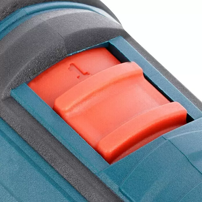 Bosch Professional Akku-Schlagbohrschrauber GSB 12V-15 - 12 V, 2 Akkus, 2 Ah - 4 Ah, 30 Nm, 2 Akkus + Ladegerät + 25-tlg. Bit-Set/14-tlg. Bohrer-Set + Tasche - Nahaufnahme eines orangefarbenen Kunststoff-Gangwahlschalters mit der Zahl „1“ an einem blau-dunkelgrauen Elektrowerkzeug.