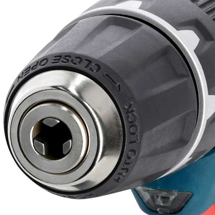 Bosch Professional Akku-Schlagbohrschrauber GSB 12V-15 - 12 V, 2 Akkus, 2 Ah - 4 Ah, 30 Nm, 2 Akkus + Ladegerät + 25-tlg. Bit-Set/14-tlg. Bohrer-Set + Tasche - Nahaufnahme einer Bohrmaschine mit sichtbarem Bohrfutter und den Aufschriften "Close Open" und "Auto Lock".