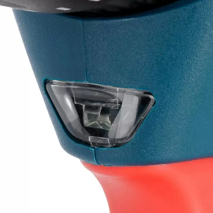 Bosch Professional Akku-Schlagbohrschrauber GSB 12V-15 - 12 V, 2 Akkus, 2 Ah - 4 Ah, 30 Nm, 2 Akkus + Ladegerät + 25-tlg. Bit-Set/14-tlg. Bohrer-Set + Tasche - Nahaufnahme eines blauen Elektrowerkzeuggehäuses mit klarer LED-Arbeitsleuchte über rotem Griff.