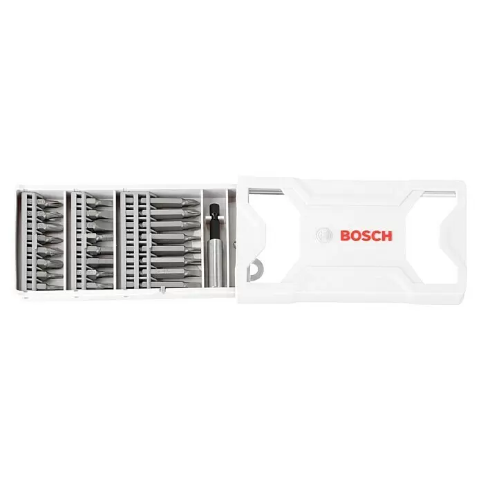 Bosch Professional Taladro atornillador percutor de batería GSB 12V-15 - 12 V, 2 baterías, 2 Ah - 4 Ah, 30 Nm, 2 baterías + cargador + juego de puntas de 25 piezas/juego de brocas de 14 piezas + bolsa - Juego de puntas de destornillador Bosch en un estuche blanco, con varias puntas metálicas y un portapuntas magnético.