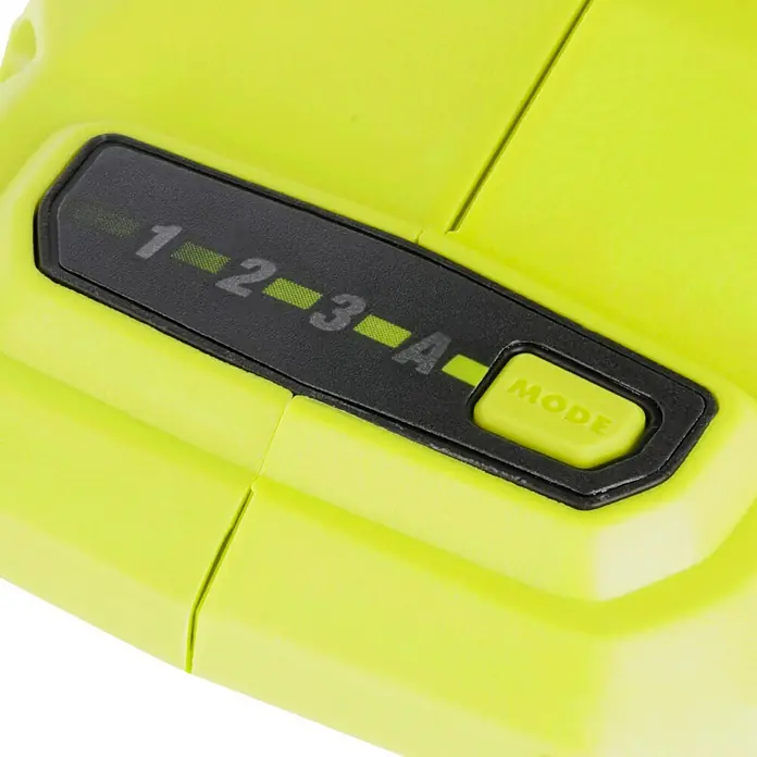 Ryobi ONE+HP Akku-Schlagschrauber RIW18X-0 Performance - 18 V, Ohne Akku, Leerlaufdrehzahl: 0 U/min - 2.800 U/min - Nahaufnahme der Modusauswahltasten 1-2-3-A an einem gelben Ryobi-Elektrowerkzeug.