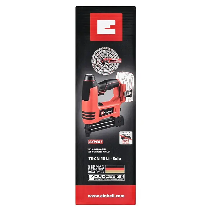 Einhell PXC 18V Clavadora de batería TE-CN 18 Li - Solo - 18 V, Sin batería, Longitud del clavo: 15 mm - 32 mm, Ancho del soporte: 5,7 mm, Grosor del clavo: 1 mm - Imagen de una clavadora a batería Einhell TE-CN 18 Li-Solo, una herramienta eléctrica inalámbrica para proyectos de construcción y renovación.