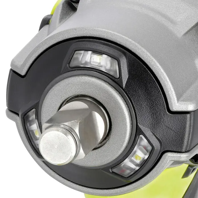 Ryobi ONE+HP Akku-Schlagschrauber RIW18X-0 Performance - 18 V, Ohne Akku, Leerlaufdrehzahl: 0 U/min - 2.800 U/min - Nahaufnahme eines Schlagschraubers mit LED-Leuchten um die Aufnahme. Ideal für Arbeiten in dunklen Bereichen.
