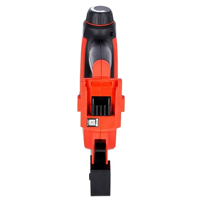 Einhell PXC 18V Clavadora de batería TE-CN 18 Li - Solo - 18 V, Sin batería, Longitud del clavo: 15 mm - 32 mm, Ancho del soporte: 5,7 mm, Grosor del clavo: 1 mm - Primer plano de una herramienta roja y negra alimentada por batería, adecuada para diversas aplicaciones.