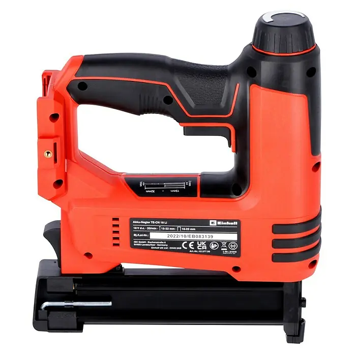 Einhell PXC 18V Clavadora de batería TE-CN 18 Li - Solo - 18 V, Sin batería, Longitud del clavo: 15 mm - 32 mm, Ancho del soporte: 5,7 mm, Grosor del clavo: 1 mm - Clavadora a batería TE-CN 18 Li de Einhell. Esta herramienta roja y negra funciona con una batería de 18V. Ideal para proyectos de bricolaje.