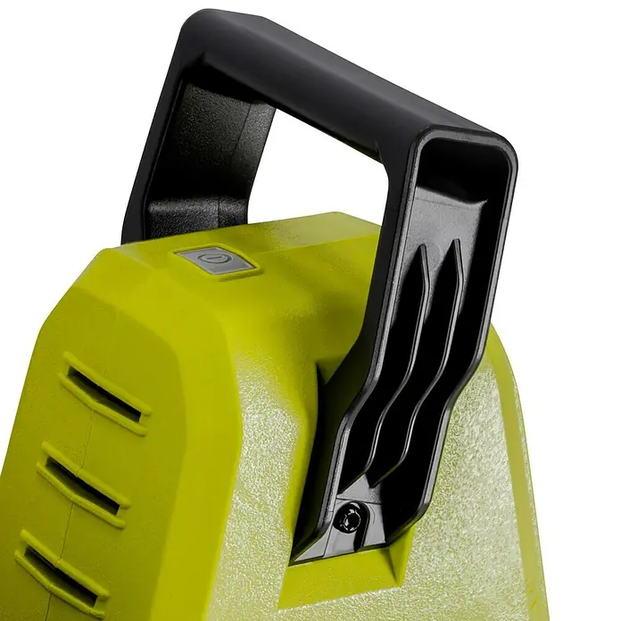 Ryobi ONE+ LED-Akkustrahler RLP18-0 - 18 V, Ohne Akku, 3.000 lm - Nahaufnahme des Griffs eines gelb-schwarzen Elektrogeräts. Das Gerät hat Lüftungsschlitze und einen Ein-/Ausschalter.