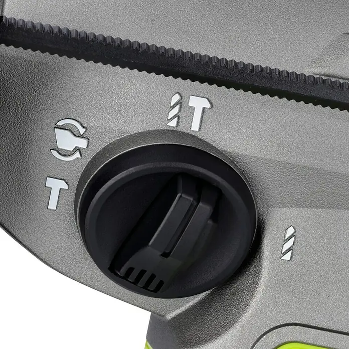 Ryobi ONE+HP Akku-Kombihammer RSDS18X-0 - 18 V, Ohne Akku, 2,5 J - Detailaufnahme eines Bohrhammers mit Fokus auf den Funktionswahlschalter zur Einstellung verschiedener Bohrmodi.