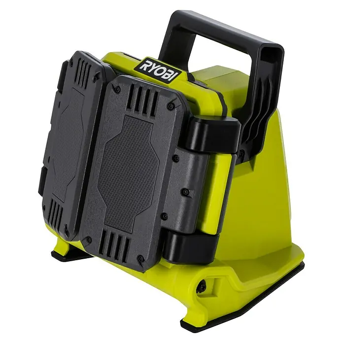 Ryobi ONE+ LED-Akkustrahler RLP18-0 - 18 V, Ohne Akku, 3.000 lm - Das Bild zeigt eine tragbare, akkubetriebene Ryobi Arbeitsleuchte in Grün und Schwarz. Ideal für Baustellen und den Heimgebrauch.