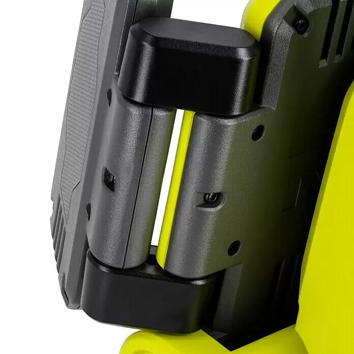 Ryobi ONE+ LED-Akkustrahler RLP18-0 - 18 V, Ohne Akku, 3.000 lm - Detailansicht eines Werkzeugglenks aus leuchtend gelbem und dunkelgrauem Kunststoff, mit strukturiertem Griff und sichtbarer Schraube.