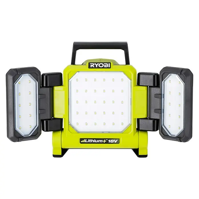 Ryobi ONE+ LED-Akkustrahler RLP18-0 - 18 V, Ohne Akku, 3.000 lm - Der Ryobi ONE+ Akku-LED-Arbeitsstrahler mit drei Paneelen bietet vielseitige Beleuchtung für verschiedene Arbeitsbereiche.