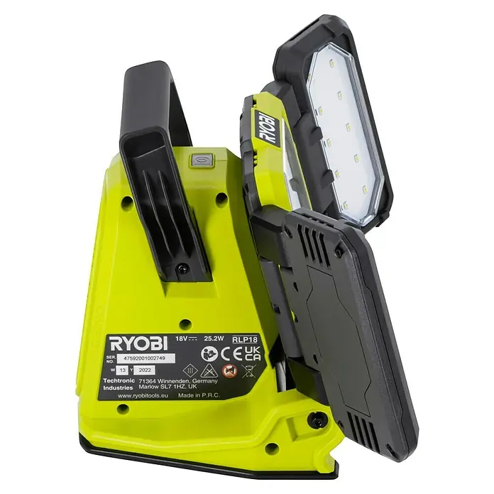Ryobi ONE+ LED-Akkustrahler RLP18-0 - 18 V, Ohne Akku, 3.000 lm - Nahaufnahme der Ryobi RLP18 Arbeitsleuchte, mit Akku betrieben, ideal für Baustellen und Heimwerkerprojekte, mit LED-Technologie.