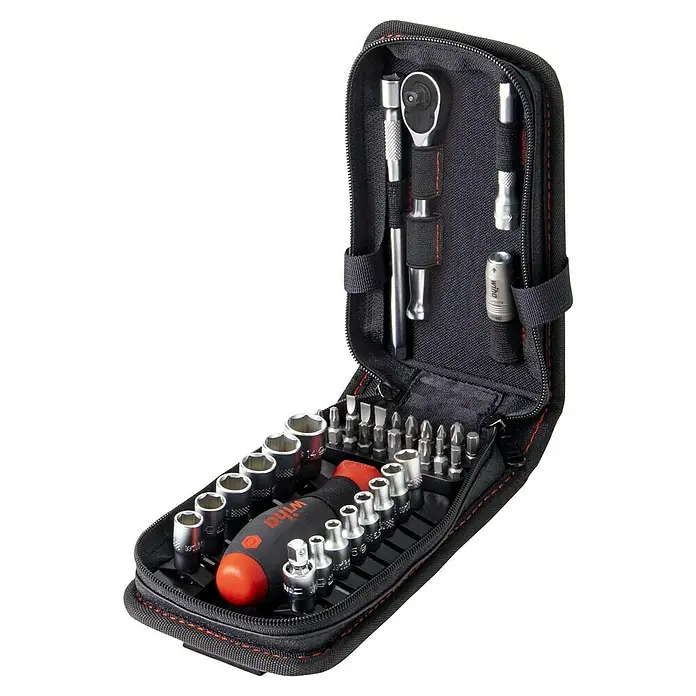 Wiha Steckschlüssel-Set Socket-Metric - 40 -tlg., Antriebsgröße: ¼″ Außensechskant - Ein Wiha-Werkzeugset in einer schwarzen Tasche mit roten Akzenten, ideal für Reparaturen und Heimwerkerarbeiten.
