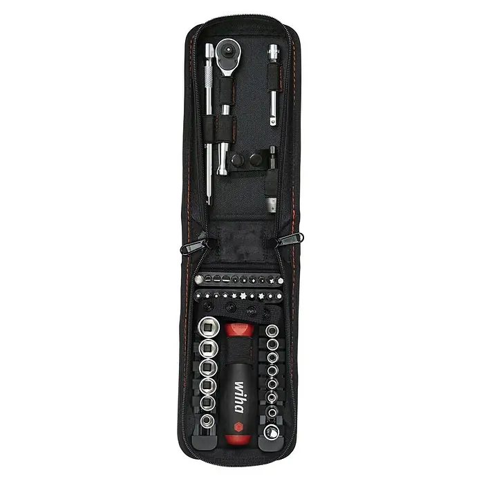 Wiha Steckschlüssel-Set Socket-Metric - 40 -tlg., Antriebsgröße: ¼″ Außensechskant - Eine Wiha-Werkzeugtasche, gefüllt mit verschiedenen Schraubendrehern, Steckschlüsseln und Bits, ideal für Handwerker und Heimwerker.