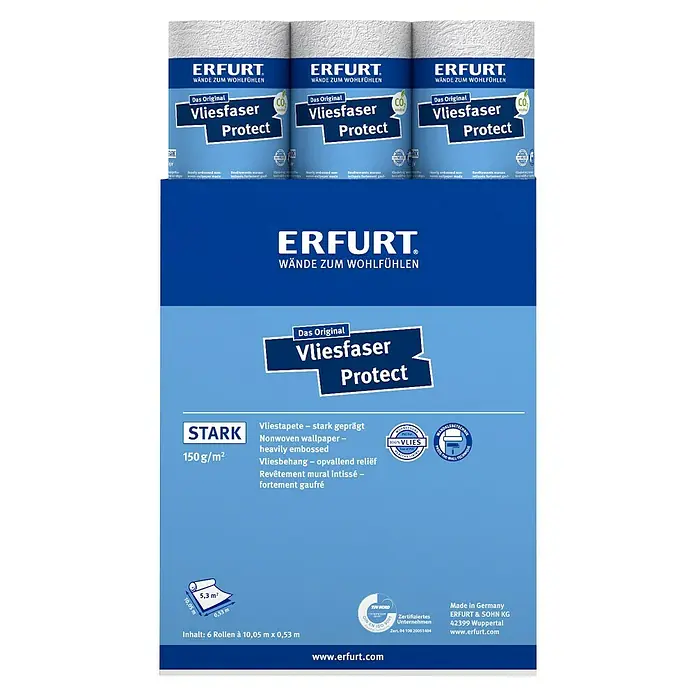 Erfurt Vliestapete Vliesfaser Protect - 209, Uni, 10,05 x 0,53 m - Erfurt Vliesfaser Protect: Stark geprägte, dimensionsstabile und umweltfreundliche Vliestapete für ein gesundes Wohnklima.