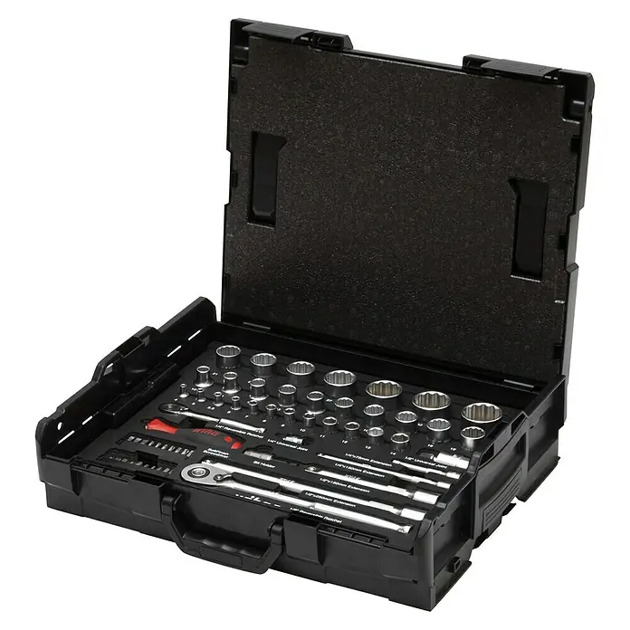 Wiha Steckschlüssel-Set Socket-Metric - 60 -tlg., Antriebsgröße: ¼″ Außensechskant - Ein offener Werkzeugkasten präsentiert eine Vielzahl von Steckschlüsseln, Verlängerungen und Schraubendrehern, ideal für Reparaturen.