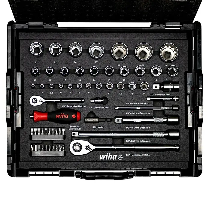 Wiha Steckschlüssel-Set Socket-Metric - 60 -tlg., Antriebsgröße: ¼″ Außensechskant - Wiha Werkzeugkoffer: Enthält eine Vielzahl von Steckschlüsseln, Schraubendrehern und Verlängerungen für verschiedene Anwendungen.