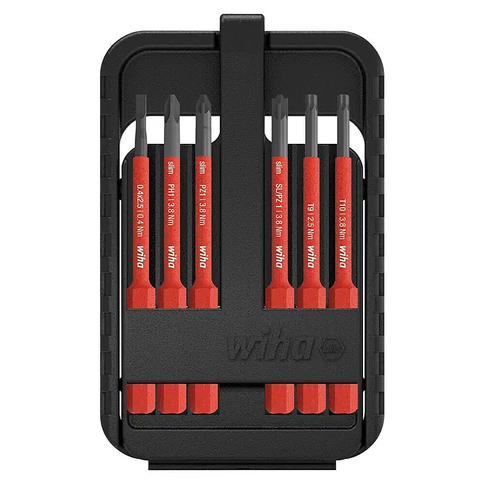 Wiha Bit-Set slimBit electric - 7 -tlg., SL, SL/PZ, PH, PZ, TX - Wiha SlimBit Set in einem schwarzen Etui mit roten Griffen, ideal für präzise Schraubarbeiten.
