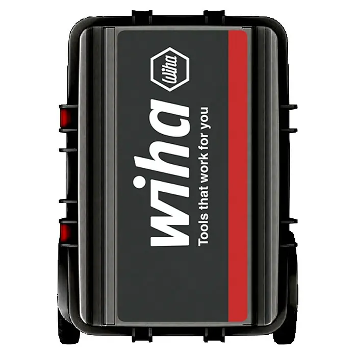 Wiha Werkzeugkoffer VDE XXL III - L x B x H: 336 x 680 x 497 mm, 106 -tlg. - Abbildung einer Wiha Werkzeugkiste in Schwarz mit rotem Akzent und dem Wiha-Logo, die hochwertige Werkzeuge für Profis und Heimwerker bietet.