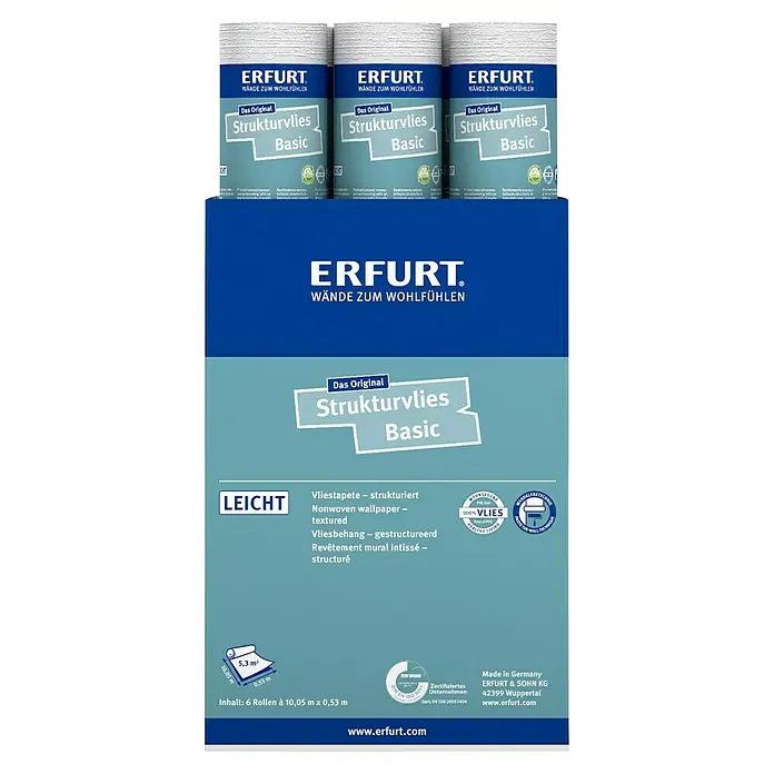 Erfurt Vliestapete Strukturvlies Basic - 402, Uni, 10,05 x 0,53 m - Produktabbildung der Erfurter Strukturvlies Basic Tapete, ideal für eine individuelle Wandgestaltung und einfache Verarbeitung.