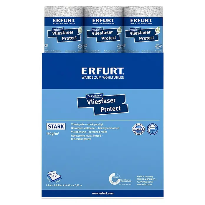 Erfurt Vliestapete Vliesfaser Protect - 202, Uni, 10,05 x 0,53 m - Produktabbildung der Erfurt Vliesfaser Protect Tapete, eine robuste und umweltfreundliche Wandbekleidung für ein angenehmes Raumgefühl.