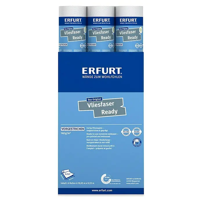 Erfurt Vliestapete Vliesfaser Ready - 303, Uni, 10,05 x 0,53 m - Abbildung einer Packung Erfurt Vliesfaser Ready Tapete. Die Tapete ist bereits vorgestrichen und geprägt.