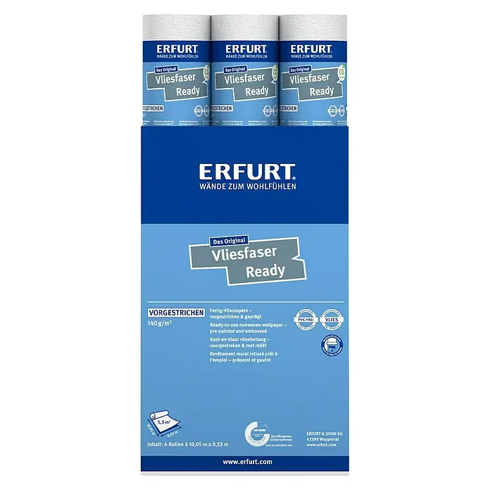 Erfurt Vliestapete Vliestapete Ready - 305, Uni, 10,05 x 0,53 m - Ein Paket Erfurt Vliesfaser Ready Tapeten. Die Tapeten sind einfach anzubringen und verleihen jedem Raum eine stilvolle Note.