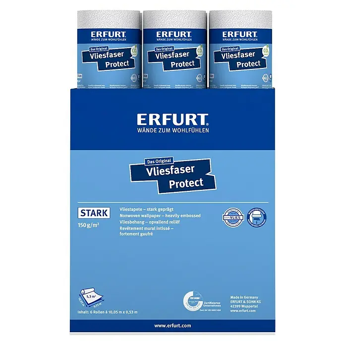 Erfurt Vliestapete Vliesfaser Protect - 203, Uni, 10,05 x 0,53 m - Erfurt Vliesfaser Protect: Strapazierfähige, stark geprägte Vliestapete für Wände zum Wohlfühlen, ideal für Renovierung und Neubau.
