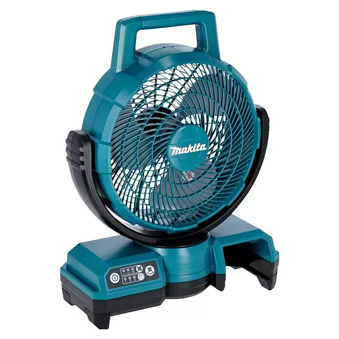 Makita LXT 18V Ventilador híbrido DCF203Z - 18 V, Número de baterías: Sin batería, Potencia de aire: 8,2 l/h - Ventilador portátil Makita turquesa y negro con asa, controles de velocidad y temporizador en la base.