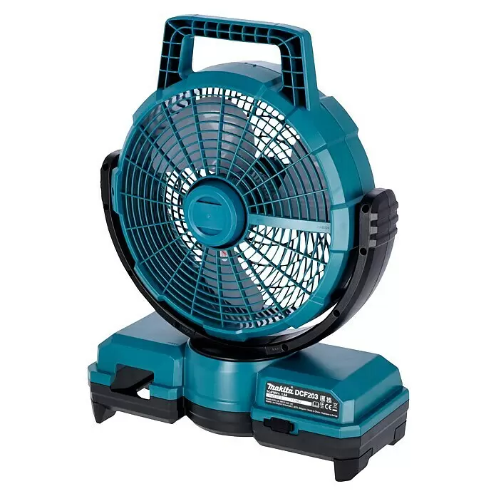 Makita LXT 18V Ventilador híbrido DCF203Z - 18 V, Número de baterías: Sin batería, Potencia de aire: 8,2 l/h - Ventilador inalámbrico Makita DCF203 turquesa y negro con asa y base robusta.