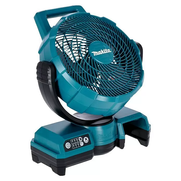 Makita LXT 18V Ventilador híbrido DCF203Z - 18 V, Número de baterías: Sin batería, Potencia de aire: 8,2 l/h - Ventilador portátil inalámbrico Makita turquesa y negro con panel de control y asa.