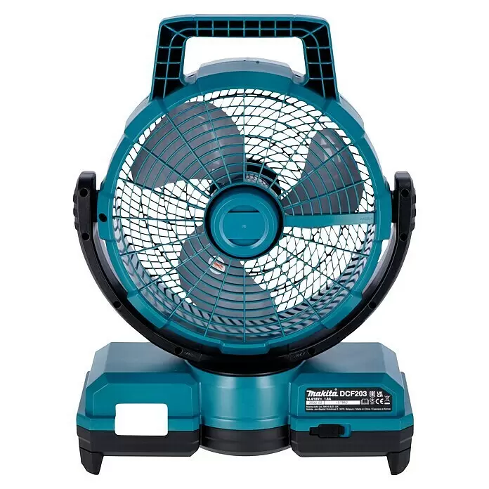 Makita LXT 18V Ventilador híbrido DCF203Z - 18 V, Número de baterías: Sin batería, Potencia de aire: 8,2 l/h - Ventilador Makita a batería azul turquesa y negro con asa robusta y rejilla de seguridad.