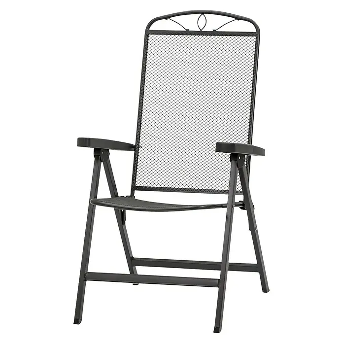 Siena Garden Klappstuhl Elda - B x T x H: 65 x 60 x 103 cm, Anthrazit, Verstellbare Rückenlehne - Bild eines schwarzen Klappstuhls mit Armlehnen und Netzrückenlehne vor schwarzem Hintergrund.