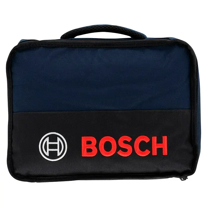 Bosch Professional Akku-Schlagbohrschrauber GSB 12V-15 - 12 V, 2 Akkus, 2 Ah - 4 Ah, 30 Nm, 2 Akkus + Ladegerät + 25-tlg. Bit-Set/14-tlg. Bohrer-Set + Tasche - Blaue Bosch-Werkzeugtasche mit schwarzem Boden und rotem Bosch-Logo, ideal zum sicheren Transport von Werkzeugen.