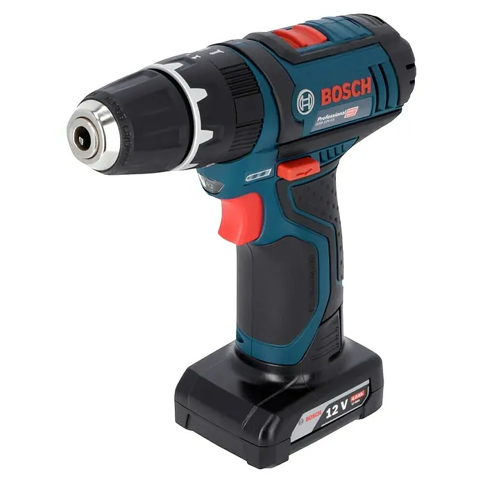 Bosch Professional Akku-Schlagbohrschrauber GSB 12V-15 - 12 V, 2 Akkus, 2 Ah - 4 Ah, 30 Nm, 2 Akkus + Ladegerät + 25-tlg. Bit-Set/14-tlg. Bohrer-Set + Tasche - Nahaufnahme des Bosch Professional Akku-Bohrschraubers GSB 12V-15 mit blau-schwarzem Gehäuse und rotem Auslöser.