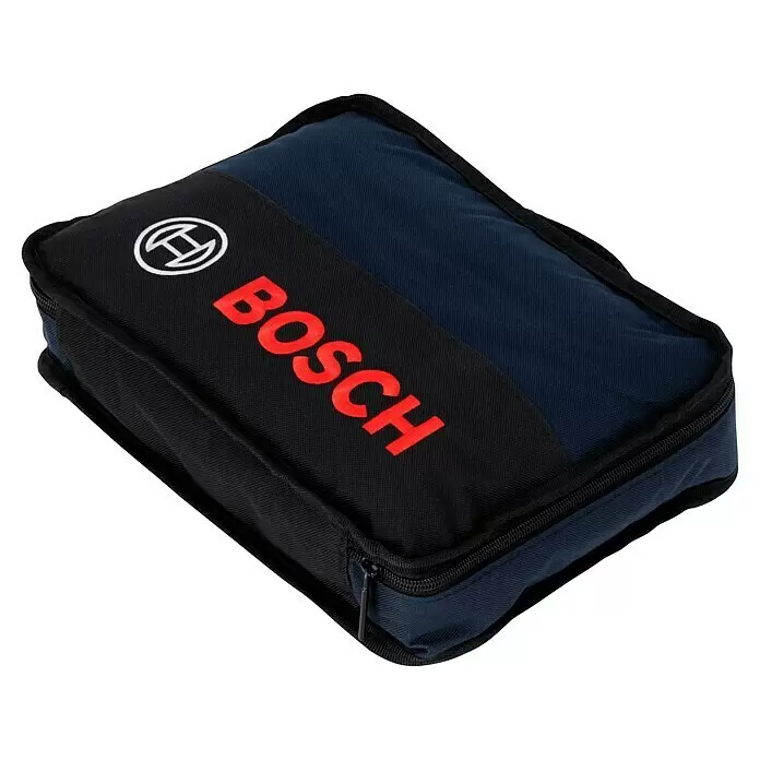 Bosch Professional Taladro atornillador percutor de batería GSB 12V-15 - 12 V, 2 baterías, 2 Ah - 4 Ah, 30 Nm, 2 baterías + cargador + juego de puntas de 25 piezas/juego de brocas de 14 piezas + bolsa - Bolsa de herramientas Bosch azul y negra con logo rojo y cierre de cremallera.