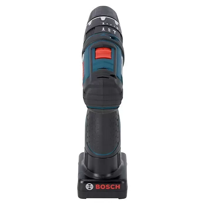 Bosch Professional Taladro atornillador percutor de batería GSB 12V-15 - 12 V, 2 baterías, 2 Ah - 4 Ah, 30 Nm, 2 baterías + cargador + juego de puntas de 25 piezas/juego de brocas de 14 piezas + bolsa - Taladro inalámbrico Bosch negro y azul con interruptor rojo, ajustes de par visibles y base de batería.