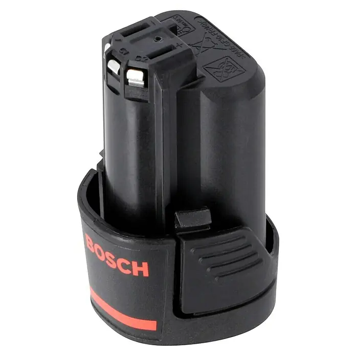 Bosch Professional Akku-Schlagbohrschrauber GSB 12V-15 - 12 V, 2 Akkus, 2 Ah - 4 Ah, 30 Nm, 2 Akkus + Ladegerät + 25-tlg. Bit-Set/14-tlg. Bohrer-Set + Tasche - Nahaufnahme eines schwarzen Bosch-Akkus, ideal für Elektrowerkzeuge, mit roter Beschriftung und robustem Design.
