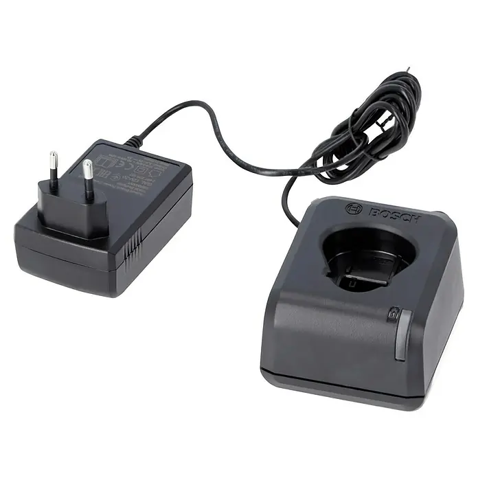 Bosch Professional Akku-Schlagbohrschrauber GSB 12V-15 - 12 V, 2 Akkus, 2 Ah - 4 Ah, 30 Nm, 2 Akkus + Ladegerät + 25-tlg. Bit-Set/14-tlg. Bohrer-Set + Tasche - Abbildung eines Bosch Akku-Ladegeräts, das an ein schwarzes Netzteil angeschlossen ist. Ideal zum Aufladen von Akkus.