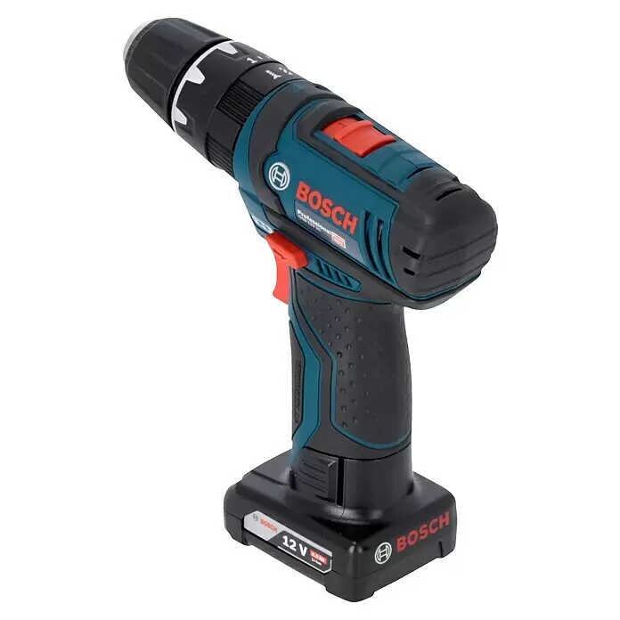Bosch Professional Taladro atornillador percutor de batería GSB 12V-15 - 12 V, 2 baterías, 2 Ah - 4 Ah, 30 Nm, 2 baterías + cargador + juego de puntas de 25 piezas/juego de brocas de 14 piezas + bolsa - Taladro inalámbrico Bosch azul y negro con detalles rojos y batería de 12V 4.0Ah Li-Ion.