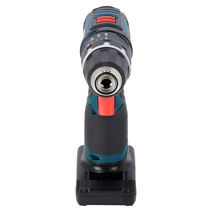 Bosch Professional Taladro atornillador percutor de batería GSB 12V-15 - 12 V, 2 baterías, 2 Ah - 4 Ah, 30 Nm, 2 baterías + cargador + juego de puntas de 25 piezas/juego de brocas de 14 piezas + bolsa - Taladro/atornillador inalámbrico azul y negro con detalles rojos, vista frontal. Cuenta con un portabrocas metálico y ajustes regulables.