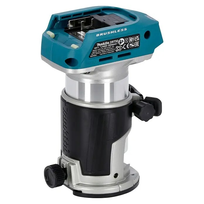 Makita LXT 18V Fresadora multifunción de batería DRT50Z - 18 V, Sin batería, Número de revoluciones de marcha en vacío: 10.000 r.p.m. - 30.000 r.p.m. - Detalle de una recortadora inalámbrica Makita DRT50 con motor sin escobillas y control de velocidad variable.