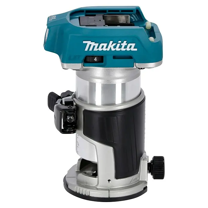 Makita LXT 18V Akku-Multifunktionsfräse DRT50Z - 18 V, Ohne Akku, Leerlaufdrehzahl: 10.000 U/min - 30.000 U/min - Abbildung einer Makita Akku-Oberfräse, einem Werkzeug zum präzisen Bearbeiten von Holz und anderen Materialien.