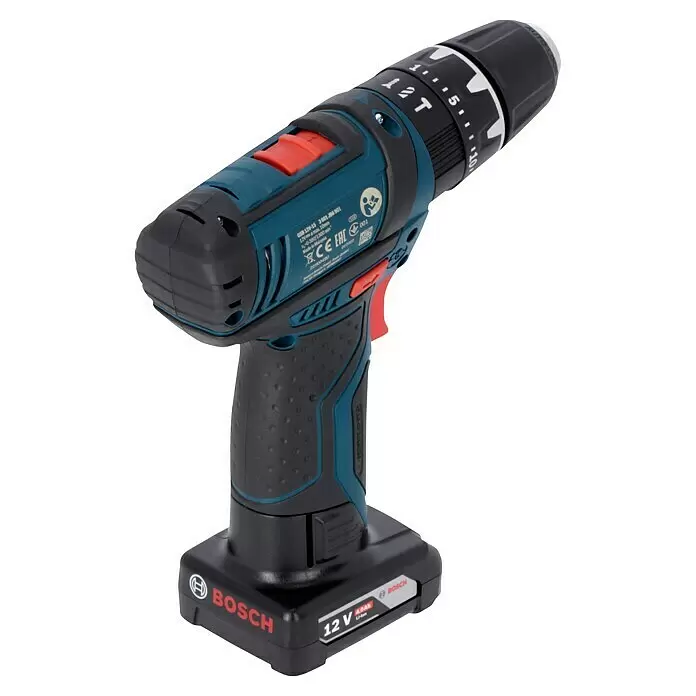 Bosch Professional Taladro atornillador percutor de batería GSB 12V-15 - 12 V, 2 baterías, 2 Ah - 4 Ah, 30 Nm, 2 baterías + cargador + juego de puntas de 25 piezas/juego de brocas de 14 piezas + bolsa - Taladro atornillador inalámbrico Bosch 12V azul y negro con detalles rojos y batería Li-ion de 4.0Ah.