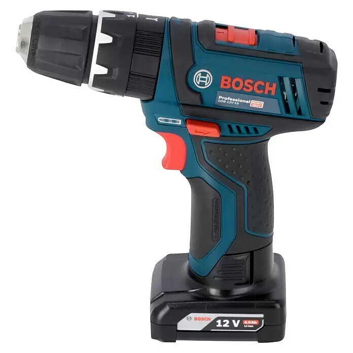 Bosch Professional Taladro atornillador percutor de batería GSB 12V-15 - 12 V, 2 baterías, 2 Ah - 4 Ah, 30 Nm, 2 baterías + cargador + juego de puntas de 25 piezas/juego de brocas de 14 piezas + bolsa - Taladro atornillador inalámbrico Bosch azul y negro con detalles rojos y batería Li-Ion de 12V.