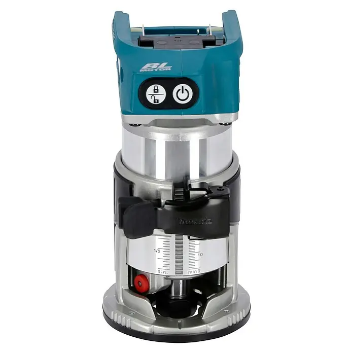 Makita LXT 18V Akku-Multifunktionsfräse DRT50Z - 18 V, Ohne Akku, Leerlaufdrehzahl: 10.000 U/min - 30.000 U/min - Nahaufnahme einer Makita Akku-Oberfräse mit präzisen Skalen für genaue Einstellungen. Ideal für Holzarbeiten und Heimwerkerprojekte.